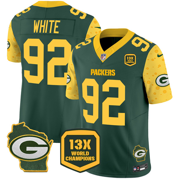 Men's Green Bay Packers #92 Reggie White Cheese Green 2024 F.U.S.E. 13 Time World Champions And Home Patch Vapor Untouchable Limited Stitched Football Jersey Men's Green Bay Packers #92 Reggie White Cheese Green 2024 F.U.S.E. 13 Time World Champions And Home Patch Vapor Untouchable Limited Stitched Football Jersey